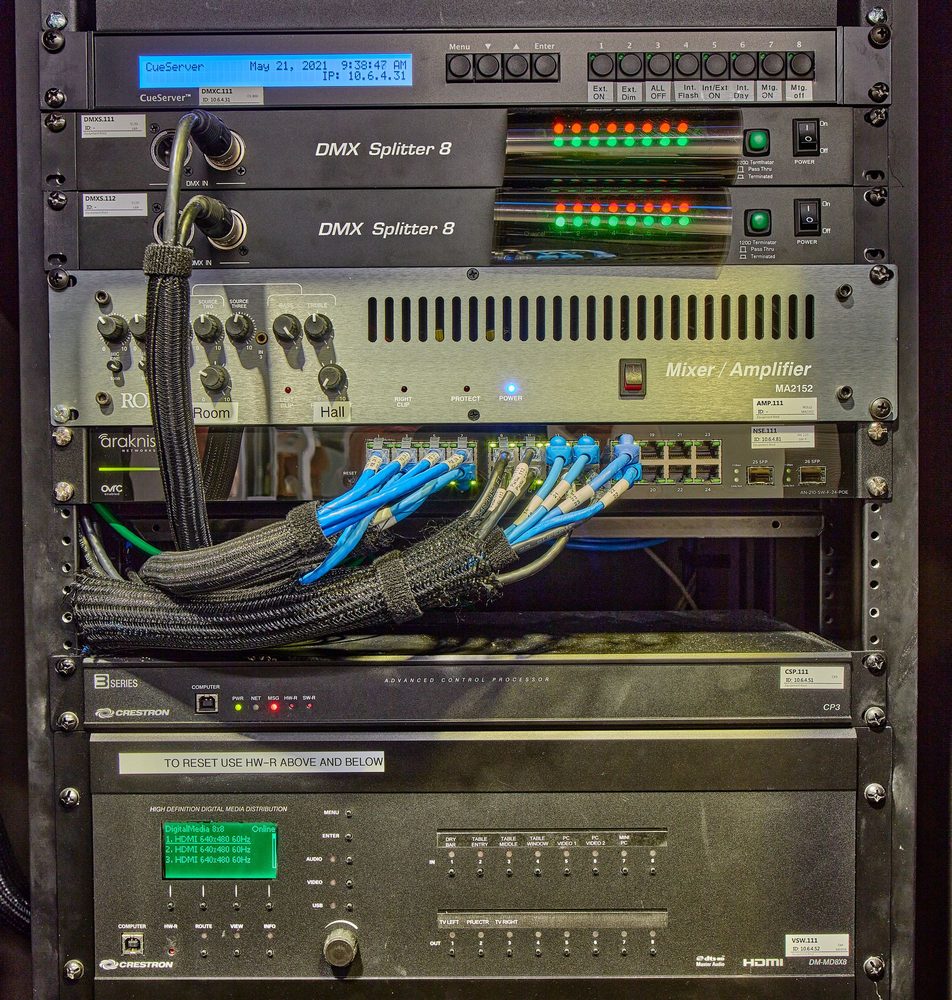 Commercial equipment rack with control and AV hardware